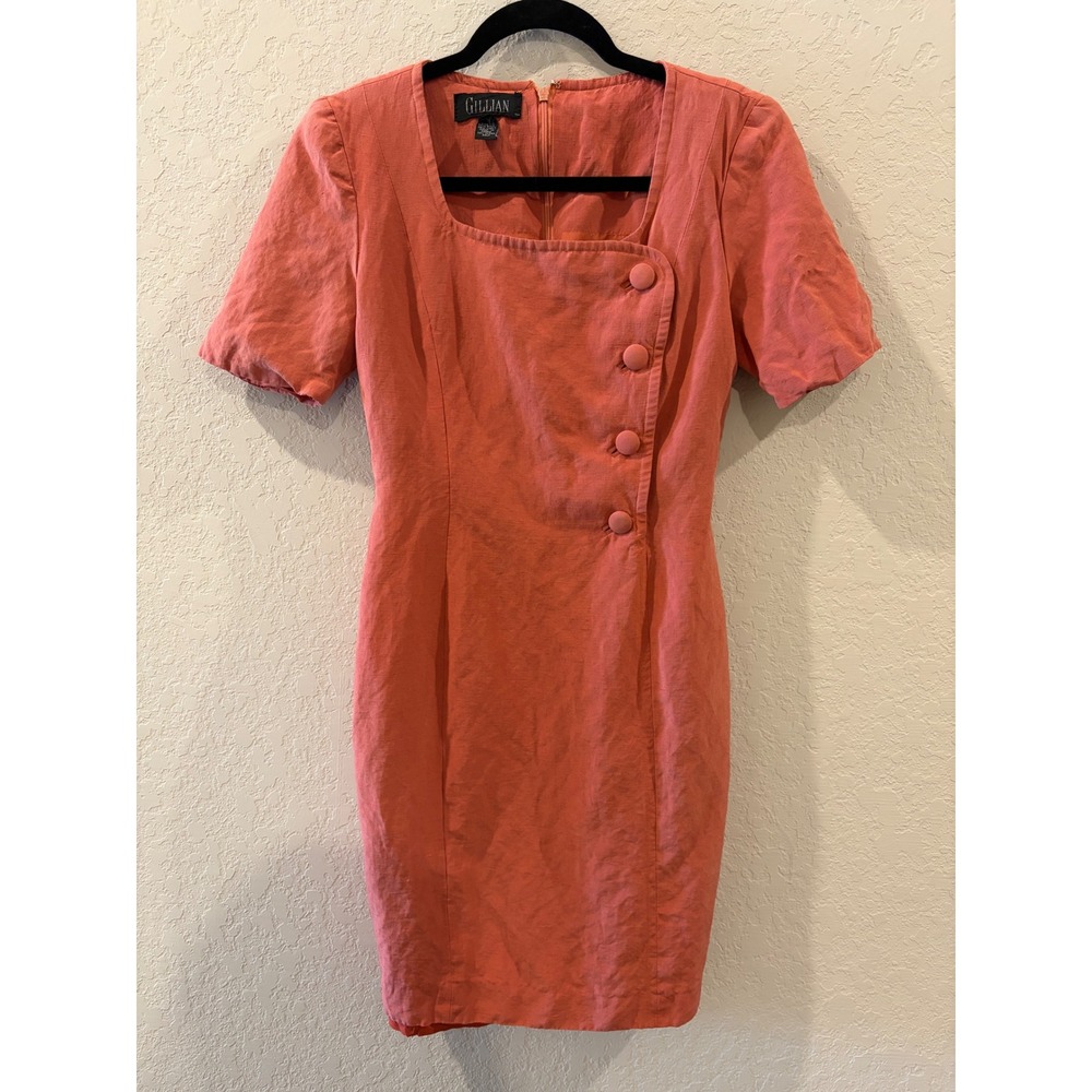 Vintage Gillian Coral Silk Linen Sheath Dress Square Neck Side Button 4